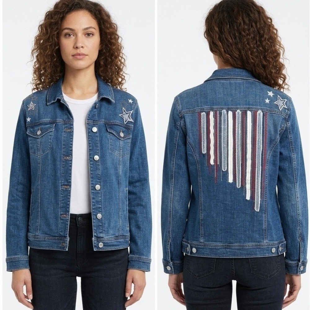 Chico's Trucker Jacket L Blue Star Embroidered Rhinestone Striped Back Patriotic